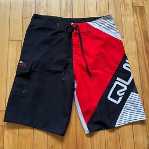 Quiksilver Board Shorts Swim Trunks Black Red White Geometric Logo Size 32